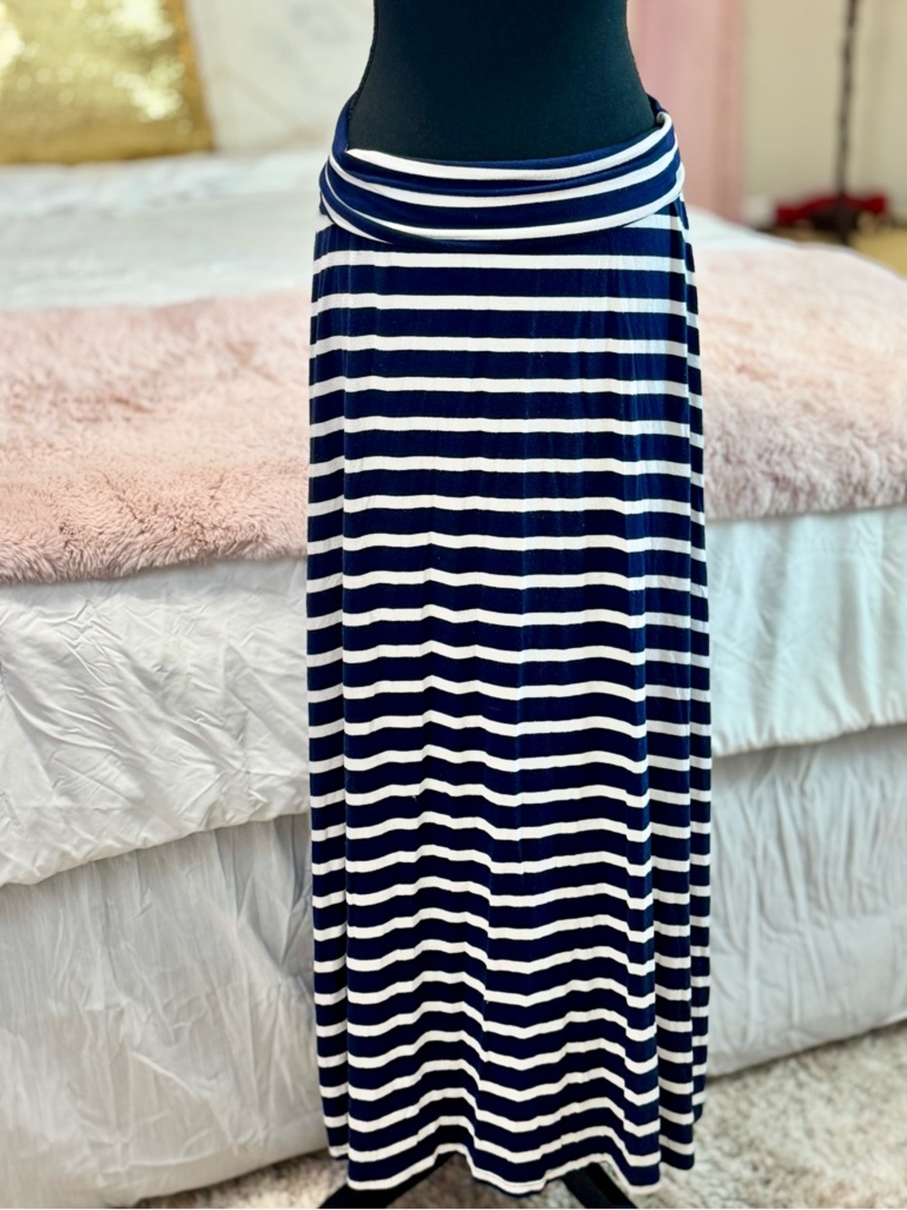 Navy White Striped Maxi Skirt Foldover Waist Stretch Casual S